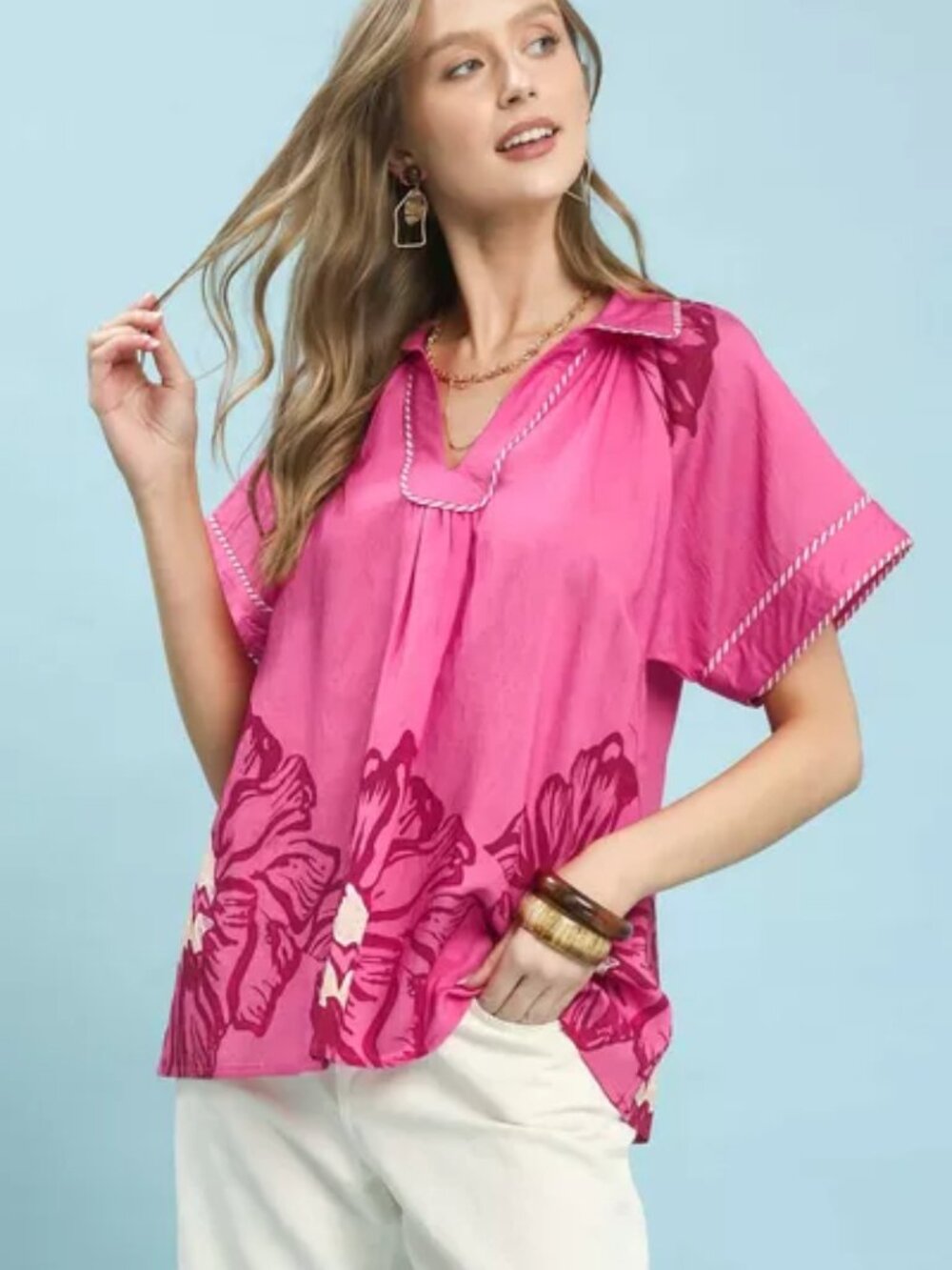 Umgee Floral Split-Neck Short Sleeve Top